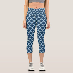 Leggings Capri Blue and Baby Blue Trellis, Lattice, Quatrefoil