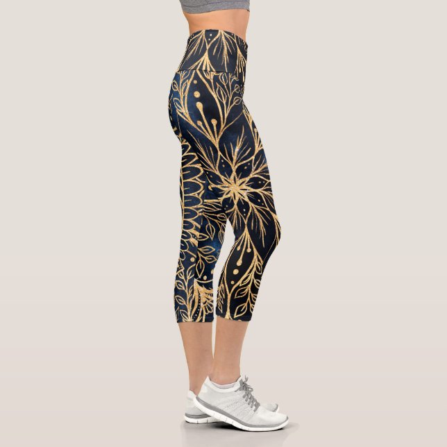 Leggings Capri Blue Gold Poinsettia Flower Mandala (Derecha)