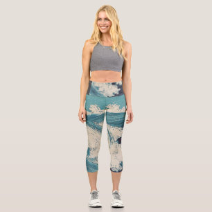 Leggings Capri Blue Ocean Waves Woodcut Japonés