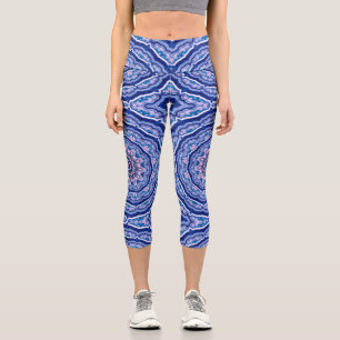 Leggings Capri Blue Pink White Agate Boho Mandala Pattern