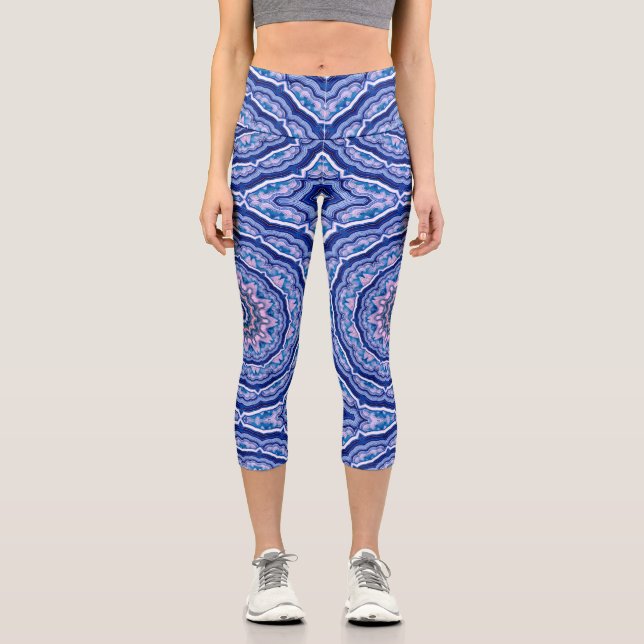 Leggings Capri Blue Pink White Agate Boho Mandala Pattern (Anverso)
