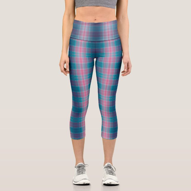 Leggings Capri Blue Teal Pink Tartan Pattern (Anverso)
