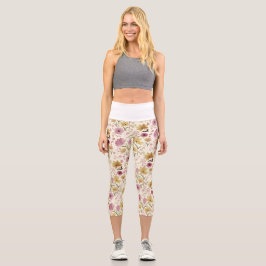 Leggings Capri boho Pink Wildflower Watercolor 