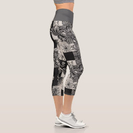 Leggings Capri Bold Tropical Monochrome Floral Pattern