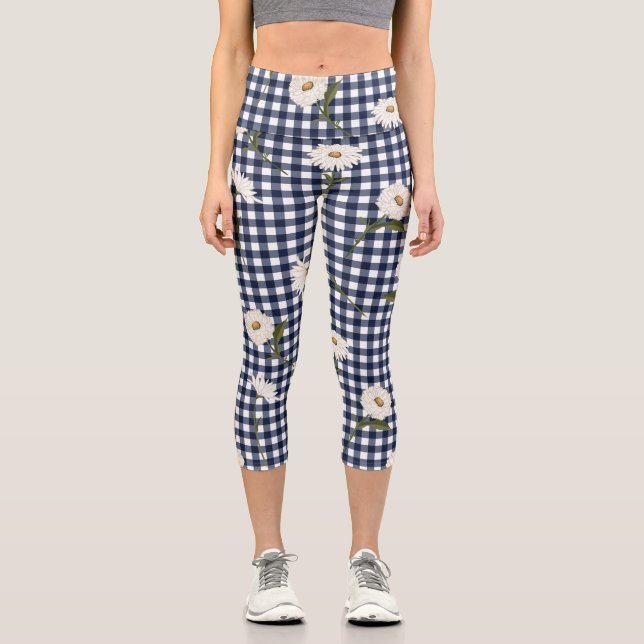 Leggings Capri Bonito Floral Daisy Gingham Check Personalizado de (Anverso)