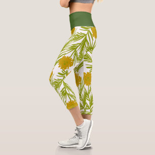 Leggings Capri Bonito Floral Mano Botánica dibujada de amarillo