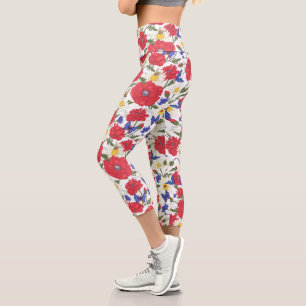 Leggings Capri Bonito Floral Rojo Poppies Flores azules