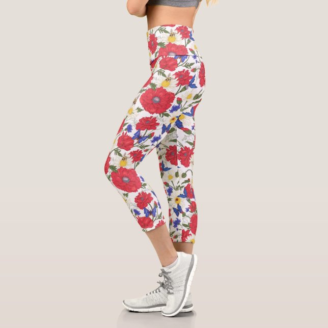 Leggings Capri Bonito Floral Rojo Poppies Flores azules (Izquierda)