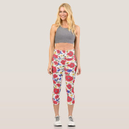 Leggings Capri Bonito Floral Rojo Poppies Flores azules