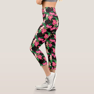 Leggings Capri Bonito Flores de flores rosadas Pintando diseño n