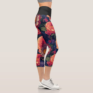 Leggings Capri Bonito vintage Naranja rojo mamá púrpura peony flo