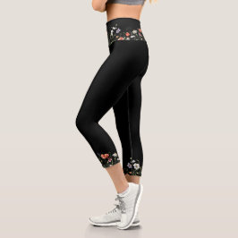 Leggings Capri Borde De Flor De Acuarela En Negro