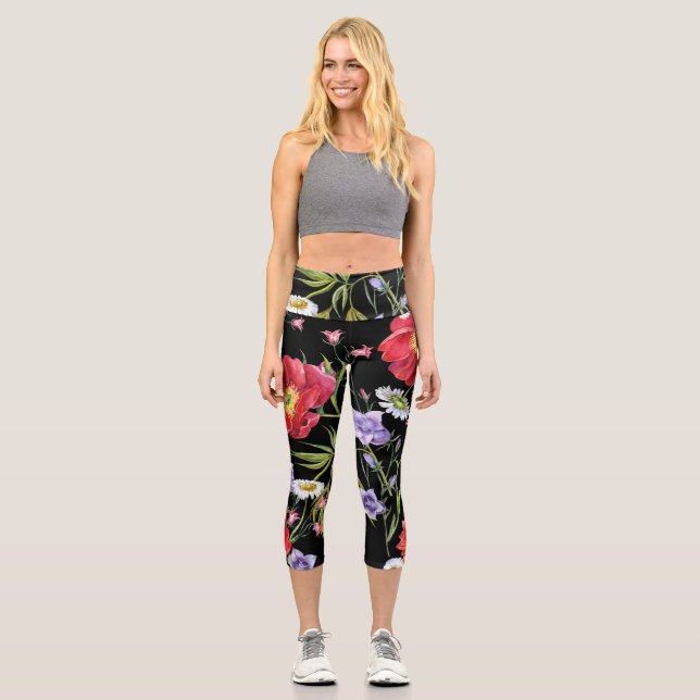Leggings Capri Bouquet de flores acuáticas: patrón sin foco (Anverso)