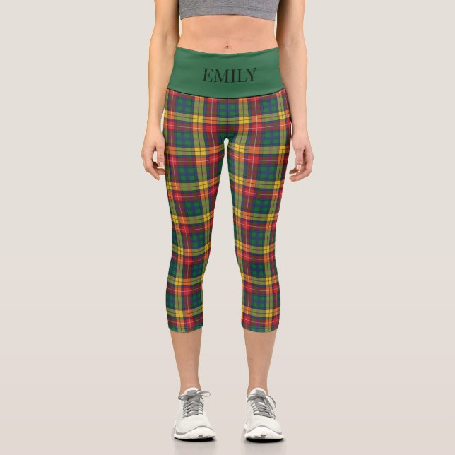 Leggings Capri Buchanan Scottish Plaid Red Green Yellow Add Name (Anverso)