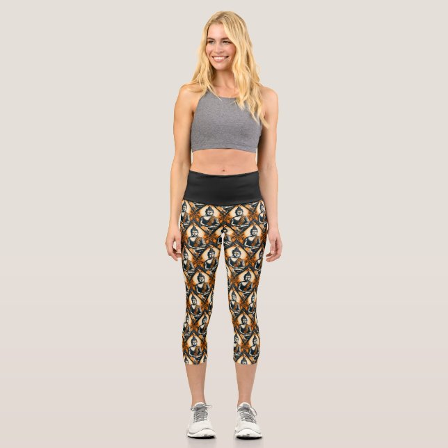Leggings Capri Buda del yoga en naranja y negro (Anverso)