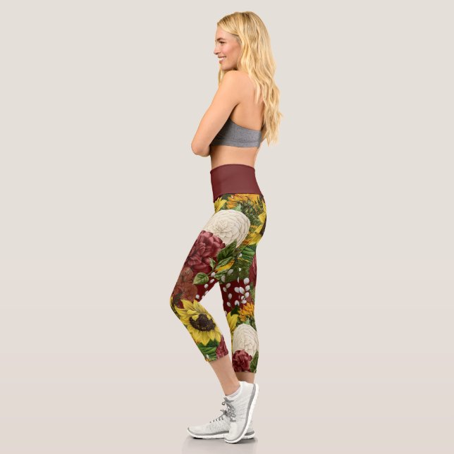 Leggings Capri Burgundy Floral Sunflowers Yoga de altura de cintu (Izquierda)