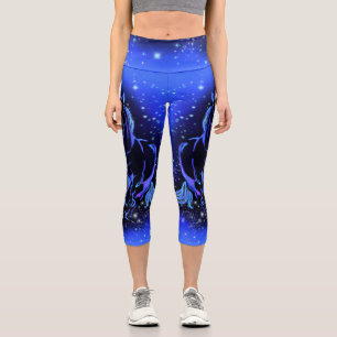 Leggings Capri Caballo Neon Blue Corriendo En La Noche De La Luna