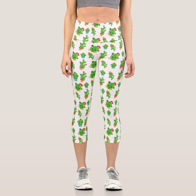 Leggings Capri Cactus, Cactus Verde, Patrón Cactus (Anverso)