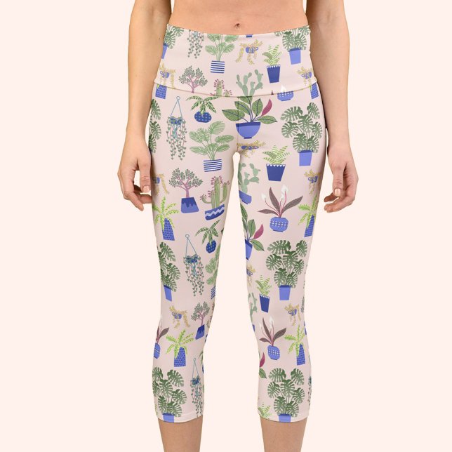 Leggings Capri Cactus Succulent Rubor Pink (Cactus, houseplant and succulent pattern capri yoga leggings)