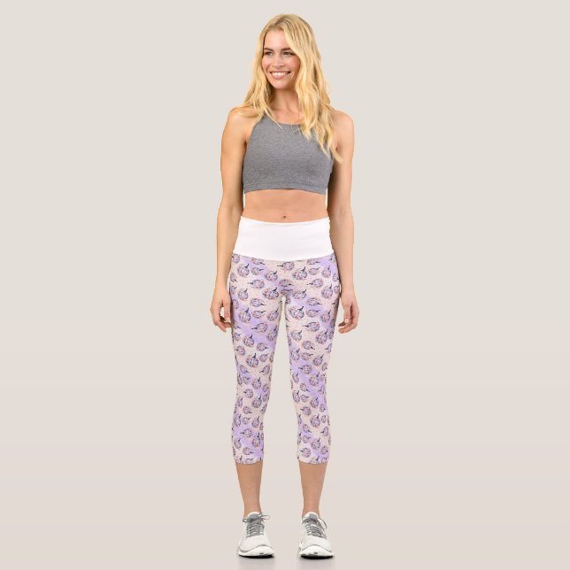 Leggings Capri Calabaza púrpura lindo otoño floral morado rosa (Anverso)