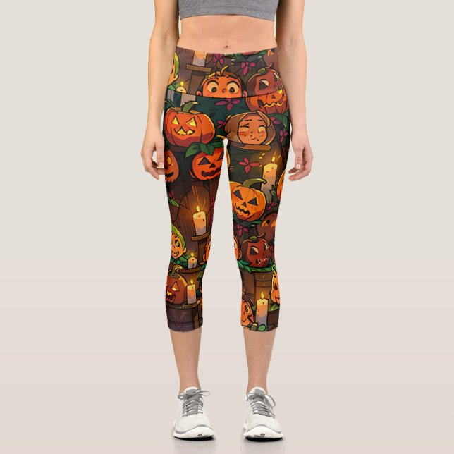 Leggings Capri Calabazas brillantes y noche espeluznante y embruj (Anverso)