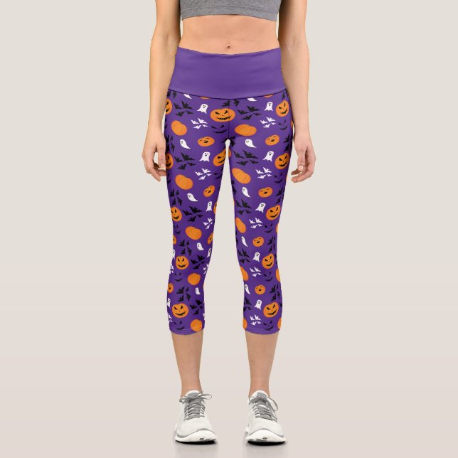 Leggings Capri Calabazas de Halloween fantasmas murciélagos diver (Anverso)