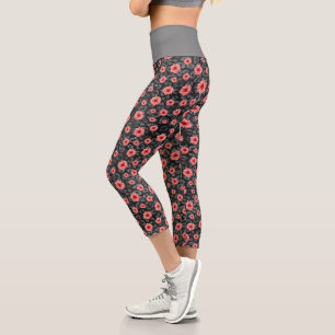 Leggings Capri Calaveras Rojas y Diseño de la Serie de Girasoles