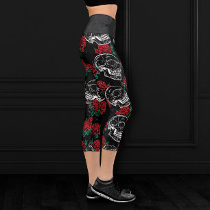 Leggings Capri Calaveras y rosas rojas Gótico moderno Glam Grun