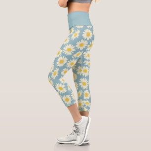 Leggings Capri Cálido cielo azul y marrón floral blanca