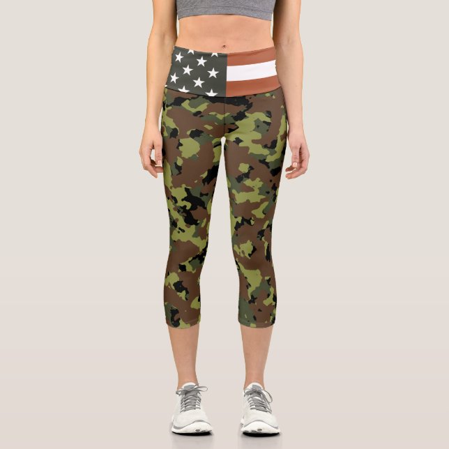 Leggings Capri Camo verde de la bandera estadounidense (Anverso)