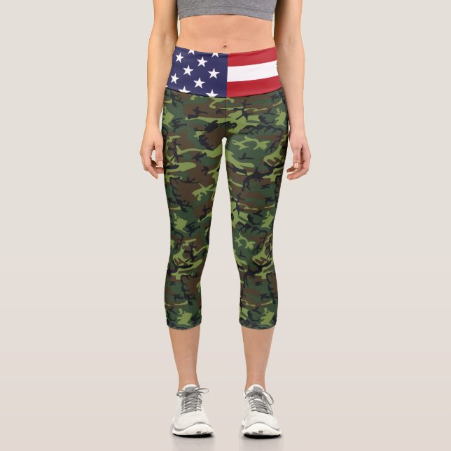 Leggings Capri Camo verde de la bandera estadounidense (Anverso)