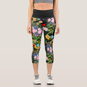 Leggings Capri Campo negro de rosas blandos  rosas