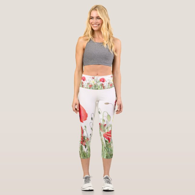 Leggings Capri Campos de adormidera flores Sol naturaleza florece (Anverso)
