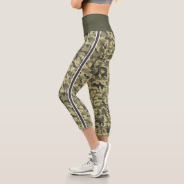 Leggings Capri camuflaje verde militar franja blanca y gris