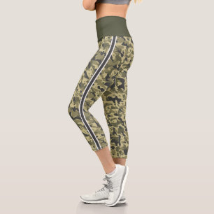 Leggings Capri camuflaje verde militar franja blanca y gris