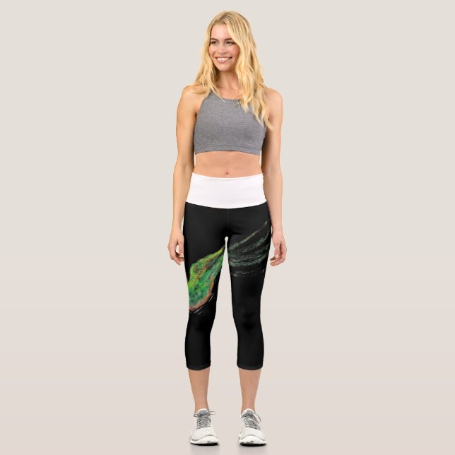 Leggings Capri capri de pintura de pájaro verde (Anverso)