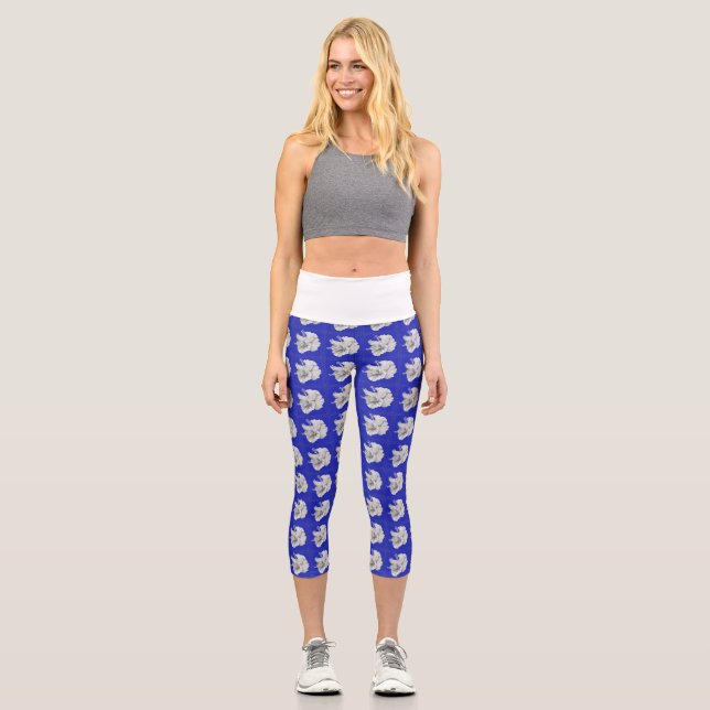 Leggings Capri Capris azul real con orquídeas blancas (Anverso)