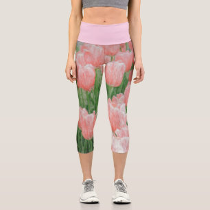 Leggings Capri Capris Con Tulipanes Pintados De Color Rosa Claro
