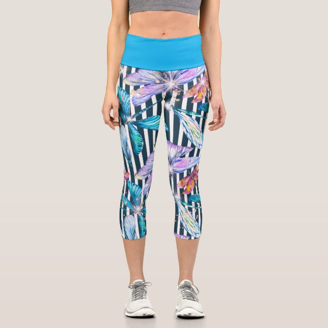 Leggings Capri Capris de libélula colorido con rayas negras (Anverso)