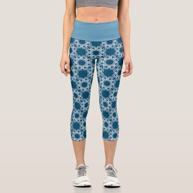 Leggings Capri Capris de yoga azul y blanco patentado por Joya Ev (Anverso)