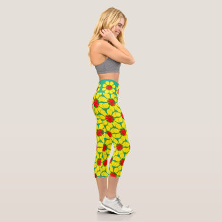 Leggings Capri Capris - Flores amarillas en verde
