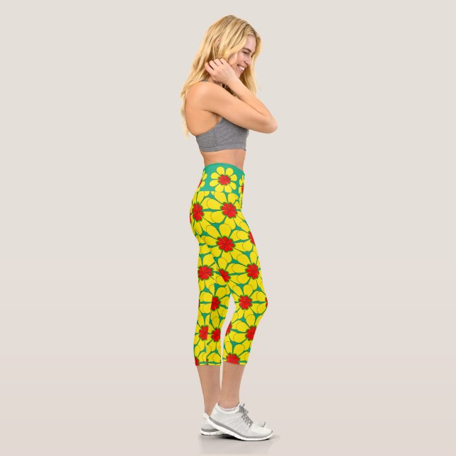 Leggings Capri Capris - Flores amarillas en verde (Derecha)