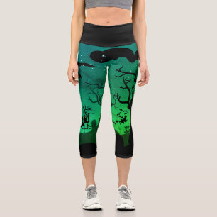 Leggings Capri Cementerio verde neón y negro de Halloween