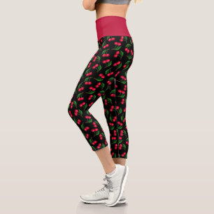 Leggings Capri Cerezas Tiernas De Acuarela Negras Y Rojas