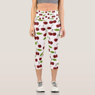 Leggings Capri Cerezo Rojo, Patrón De Cerezas, Hojas, Fruta