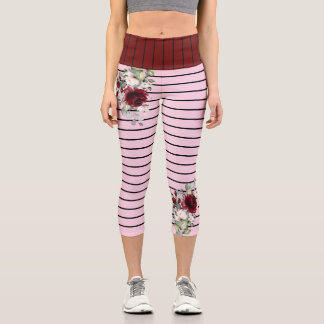 Leggings Capri Charm Black Pink Stripes Burgundy FlowPattern