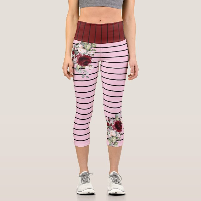 Leggings Capri Charm Black Pink Stripes Burgundy FlowPattern (Anverso)