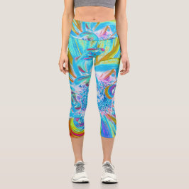 Leggings Capri Chartreuse festivo y Petales de flores de Dahlia a