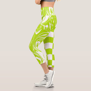 Leggings Capri Cheques y muelles en verde limón y blanco