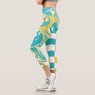 Leggings Capri Cheques y muelles turquesa, amarillo y blanco